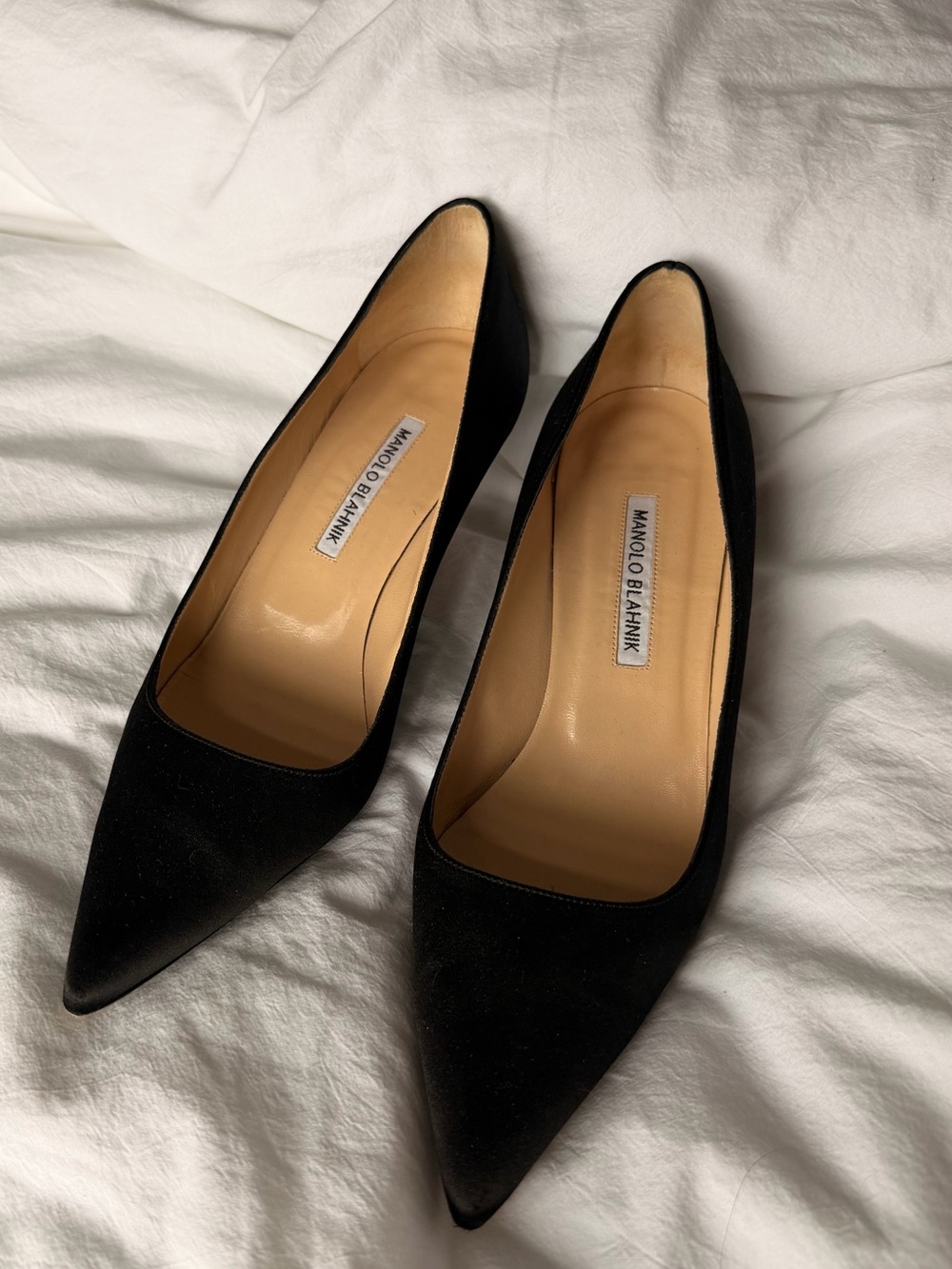 Manolo Blahnik Black Satin Kitten Heels